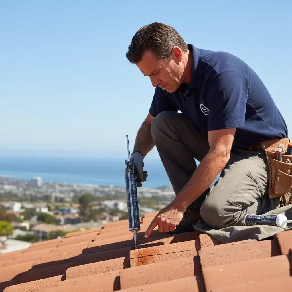 A San Diego roofer completing a flashing repair on a residential home in Chula Vista, with tools and replacement flashing visible alongside the corrected work area