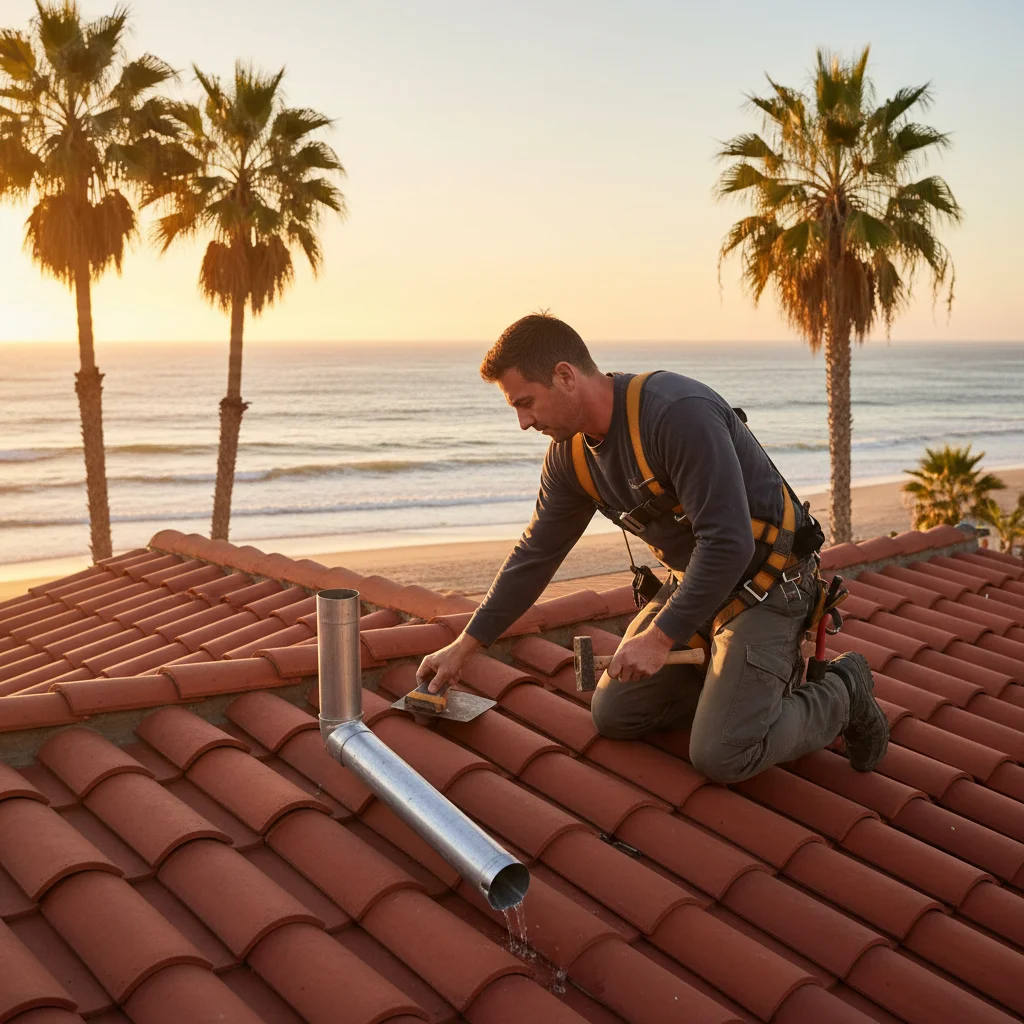 Coastal Carlsbad home with new red Spanish tile roof and ocean visible in the background at golden hour
