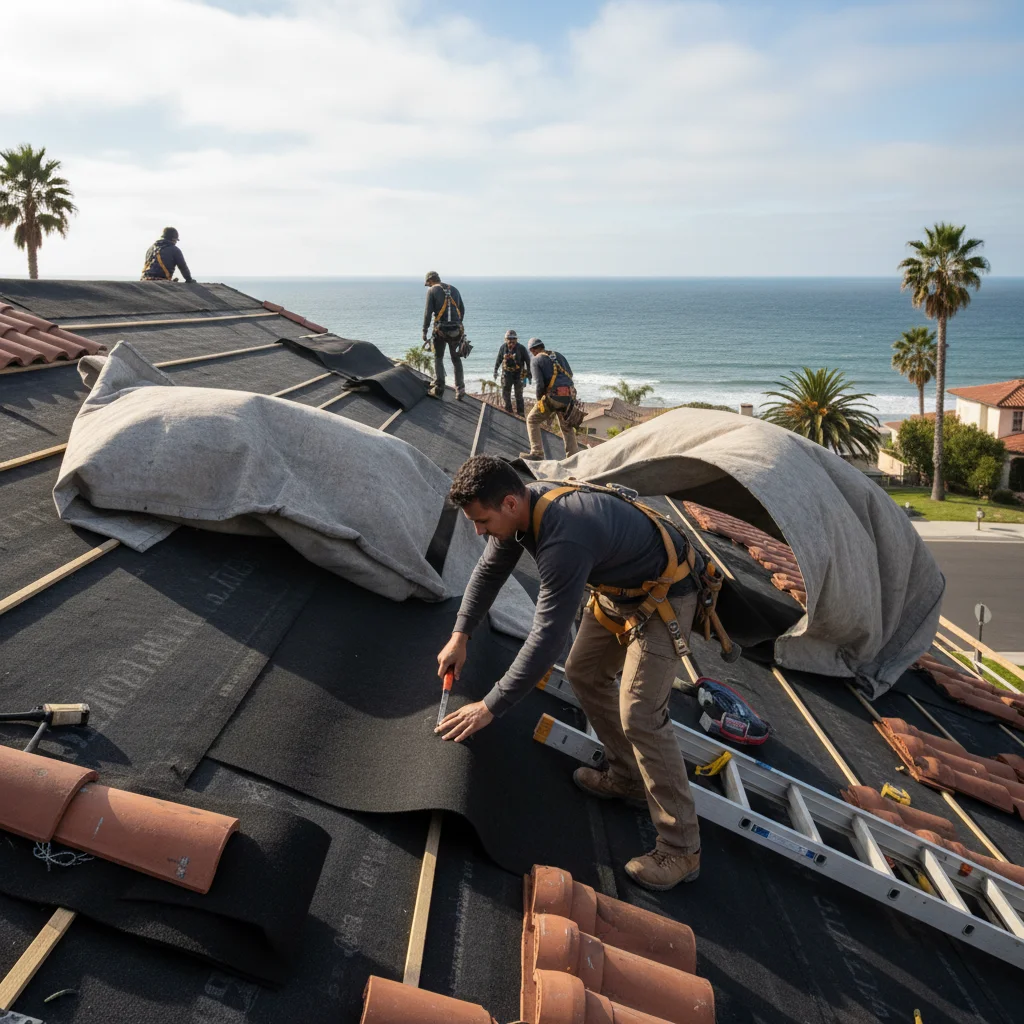 Roofing crew installing tile underlayment on a Carlsbad home, ocean breeze pushi