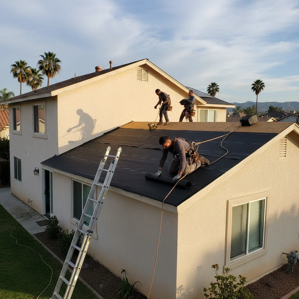 Roofing crew installing new underlayment on a Chula Vista home.