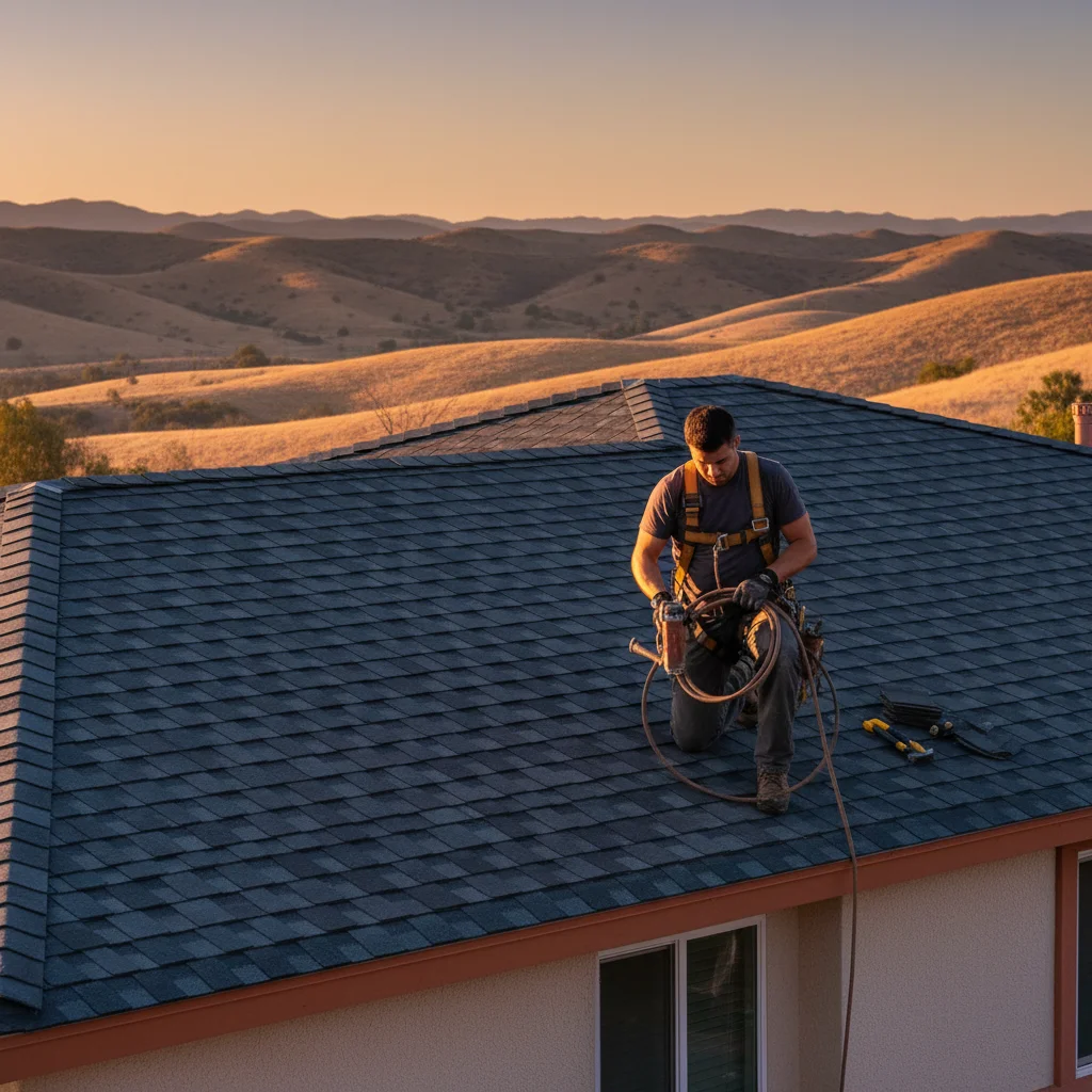 An El Cajon home with a fresh charcoal architectural shingle roof, dry hills visible behind.