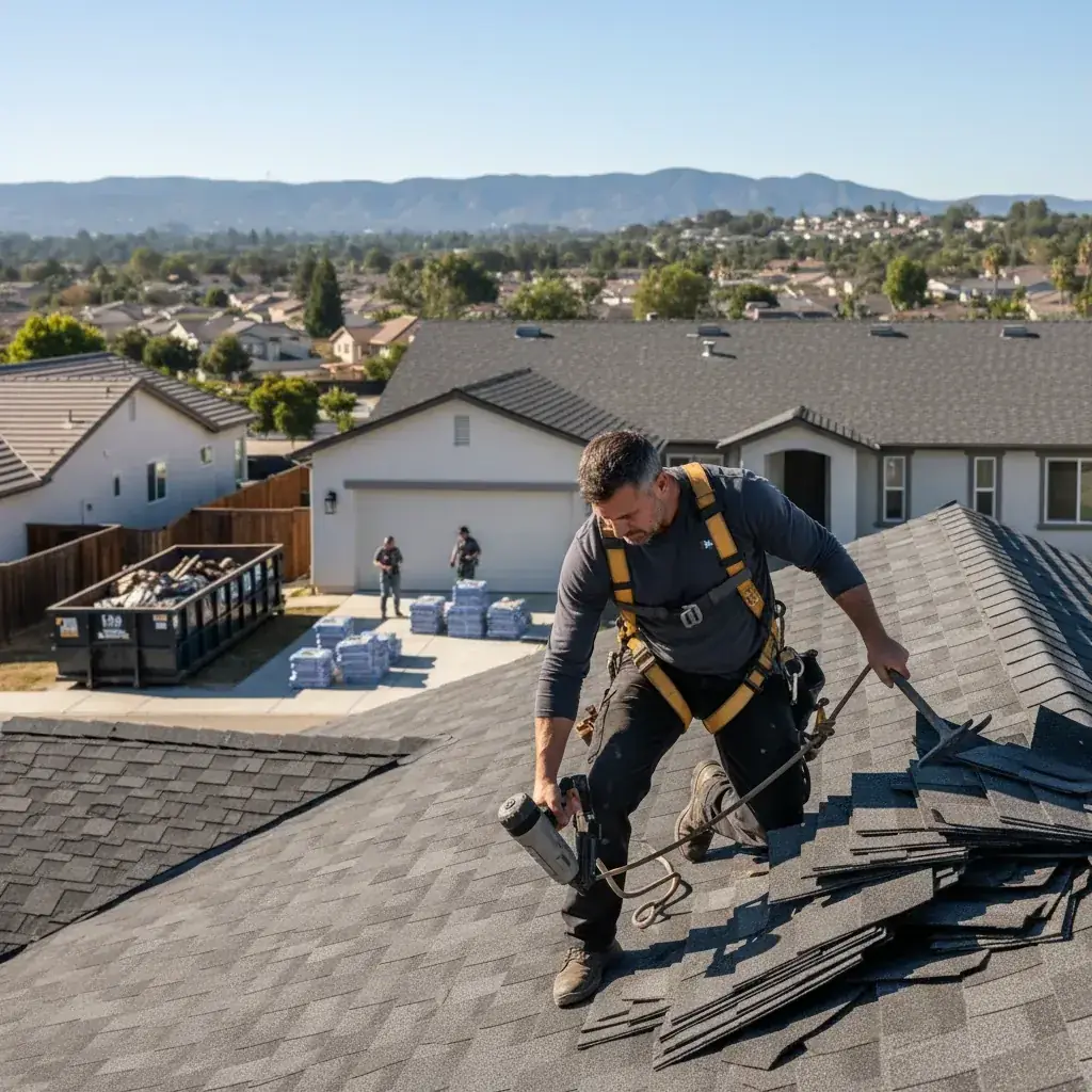 An Escondido home with a freshly replaced roof and inland foothills behind it, typical of the 92025, 92026, 92027, and 92029 housing stock