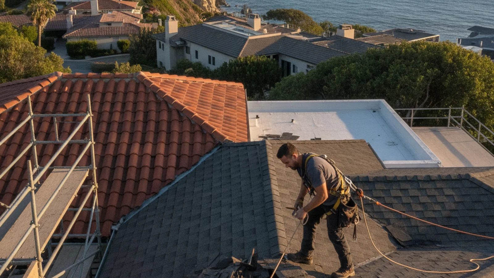 A La Jolla cliffside home with a fresh clay barrel tile roof, ocean and cove visible below, morning marine layer breaking up, photorealistic