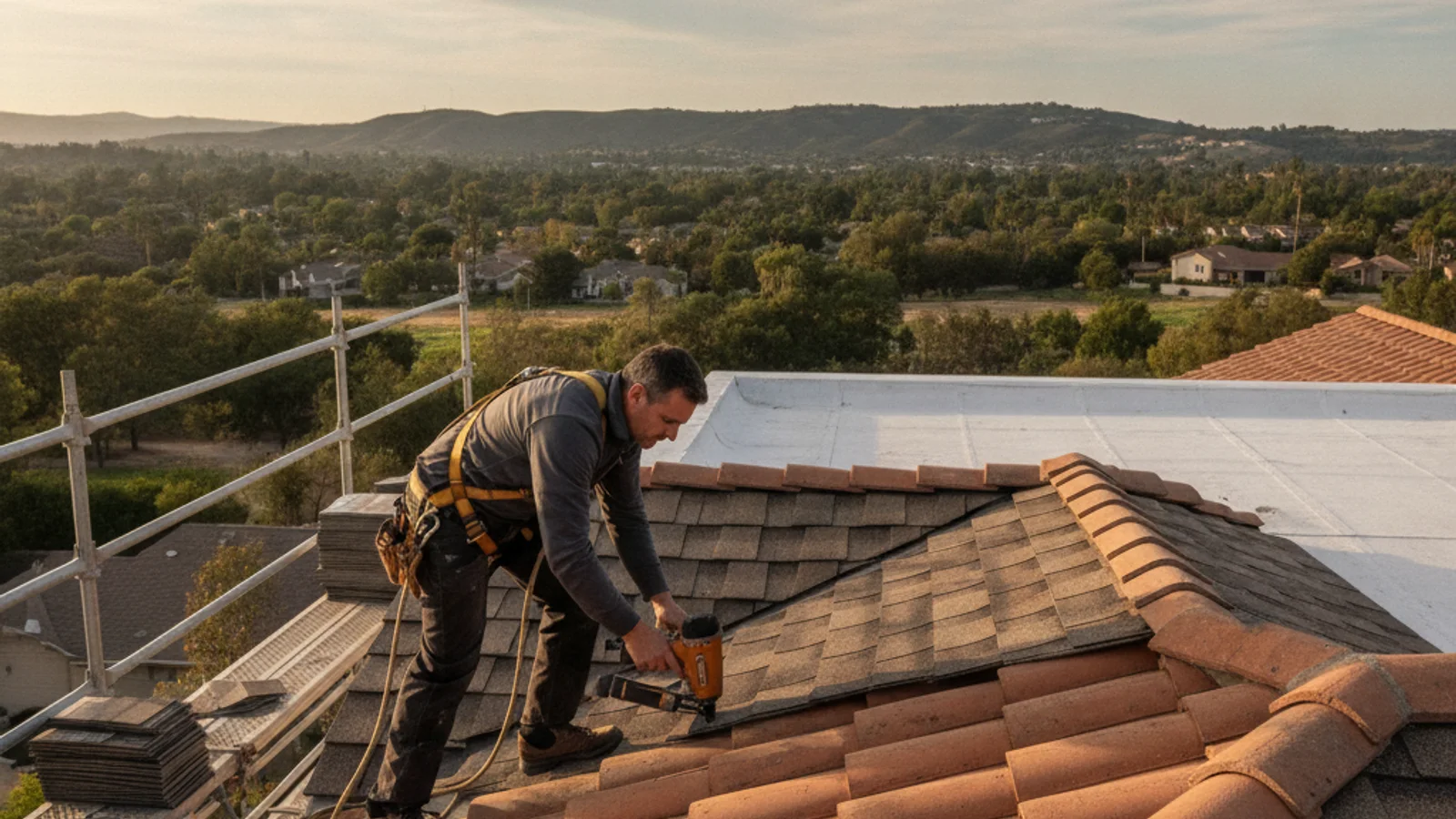 Un equipo de techado colocando tejas de arcilla en una casa personalizada en Poway Hills, la ladera cubierta de robles y cercas ecuestres de rieles divididos en el fondo, fotorrealista