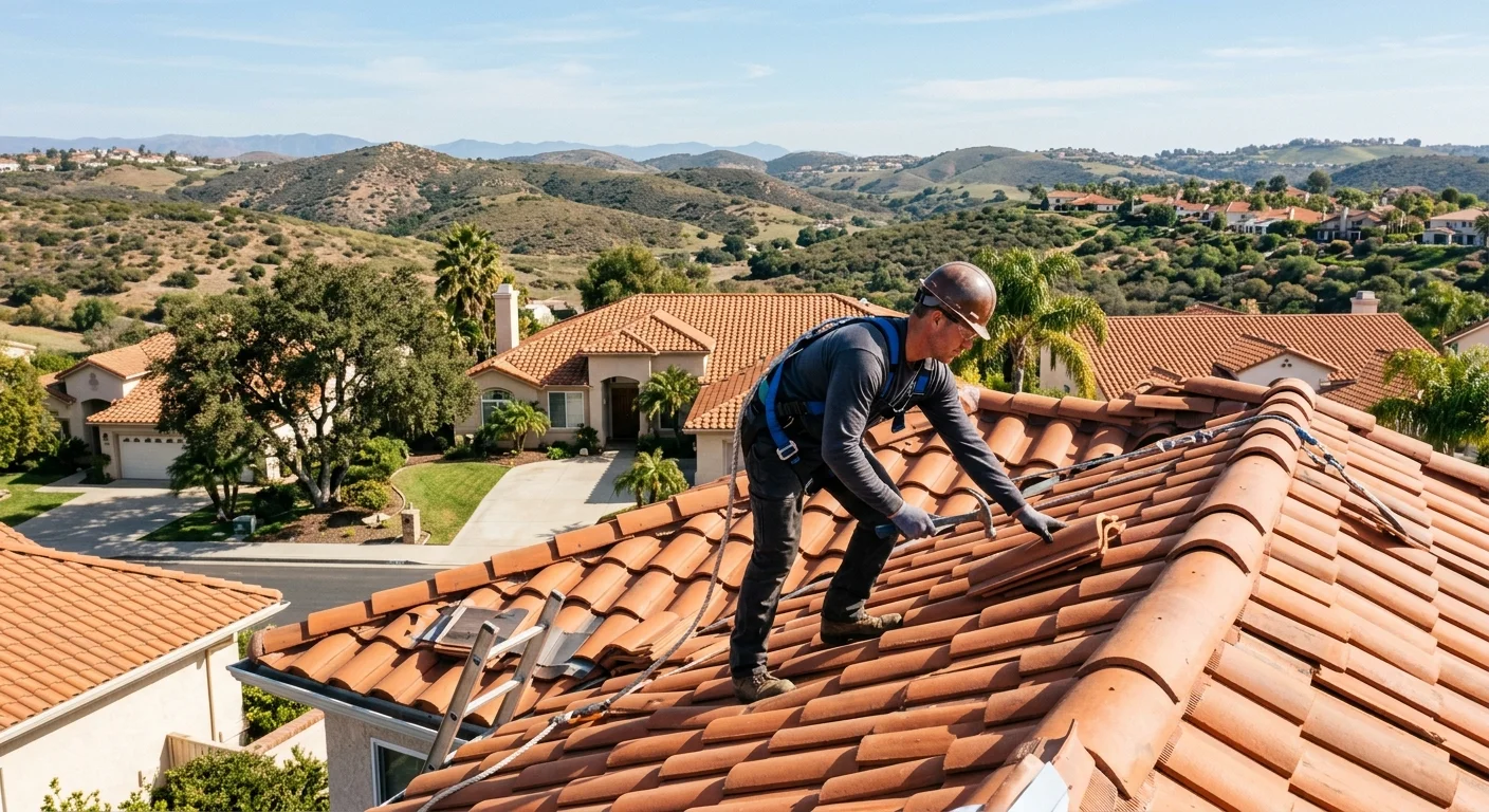 A beautiful tile roof on a suburban home in San Marcos, CA, with the rolling hills of North County in the background during a sunny day.