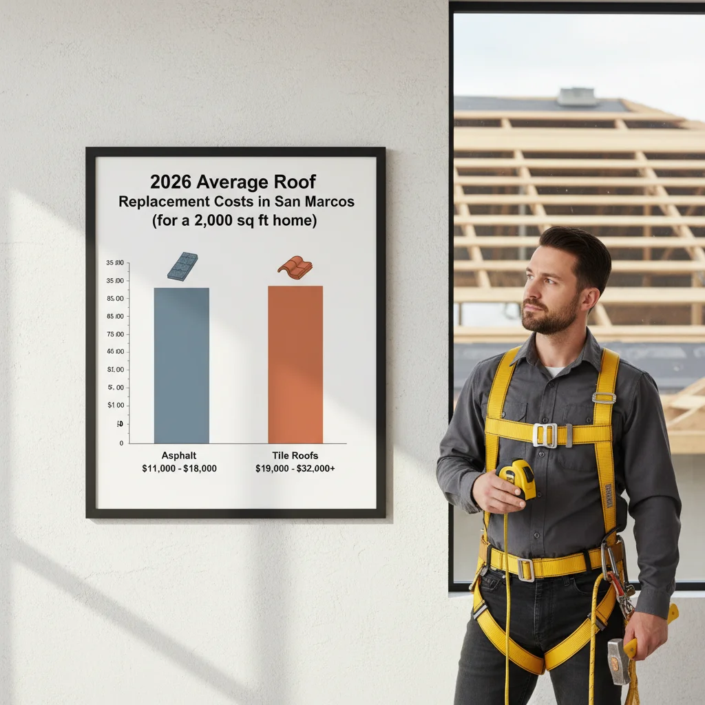Bar chart comparing average 2026 roof replacement costs in San Marcos for a 2,000 sq ft home, showing asphalt shingles vs. tile roofs.