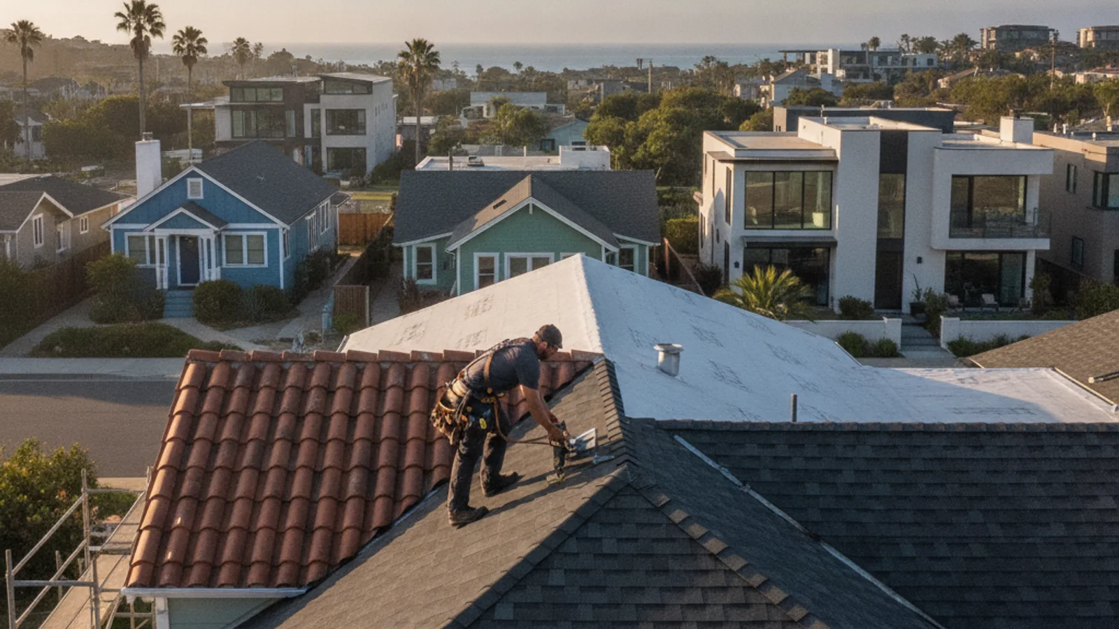 A Solana Beach contemporary home with a new standing seam metal roof in a warm patina finish, ocean bluff in the background, late afternoon light, photorealistic