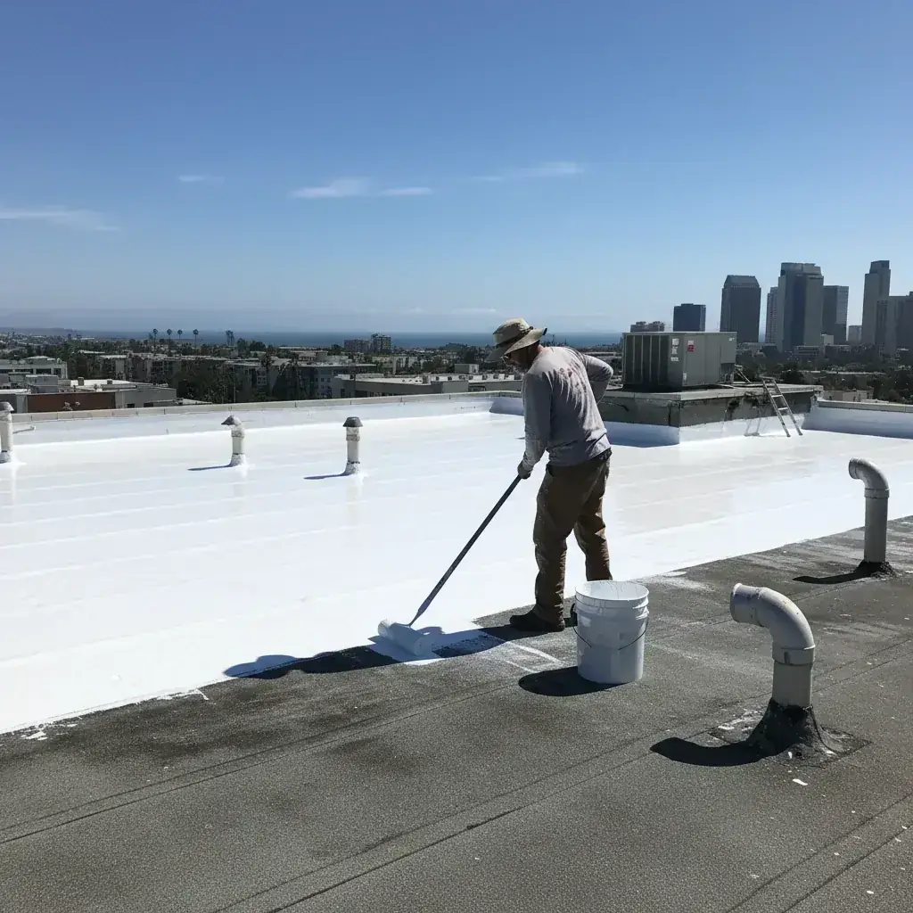 Roofer applying white silicone coating with a roller on a flat commercial roof in San Diego