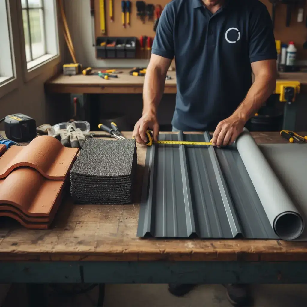 Four roofing material samples laid on a workbench: clay tile, asphalt shingle, s