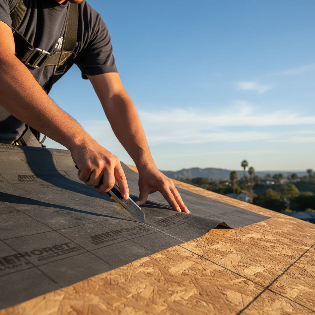 Close-up of synthetic roof underlayment being rolled out across plywood decking