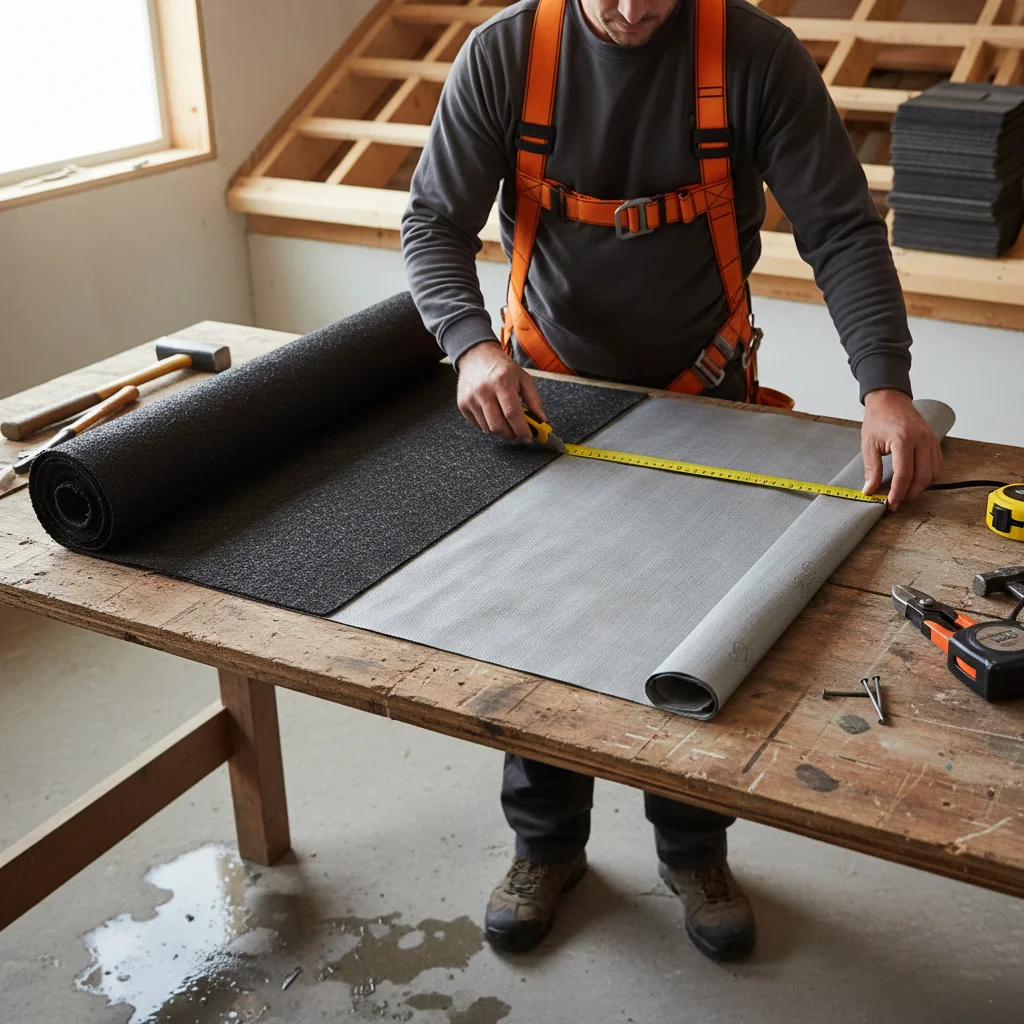 Side-by-side comparison of black 30-pound felt paper and gray synthetic underlay