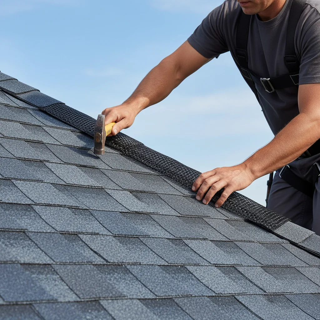Close-up of a new ridge vent on a San Diego asphalt shingle roof.