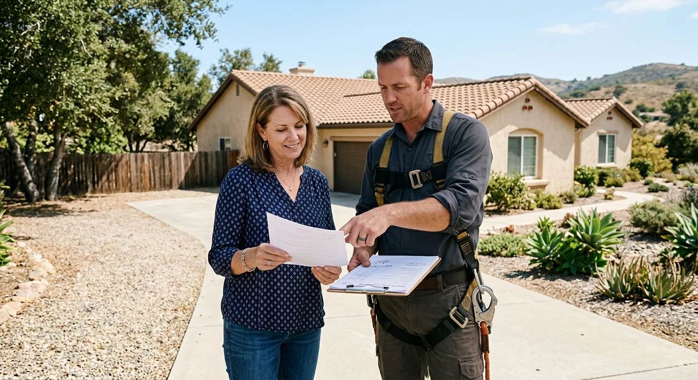 Fallbrook homeowner reviewing a roofing proposal with a roofer
