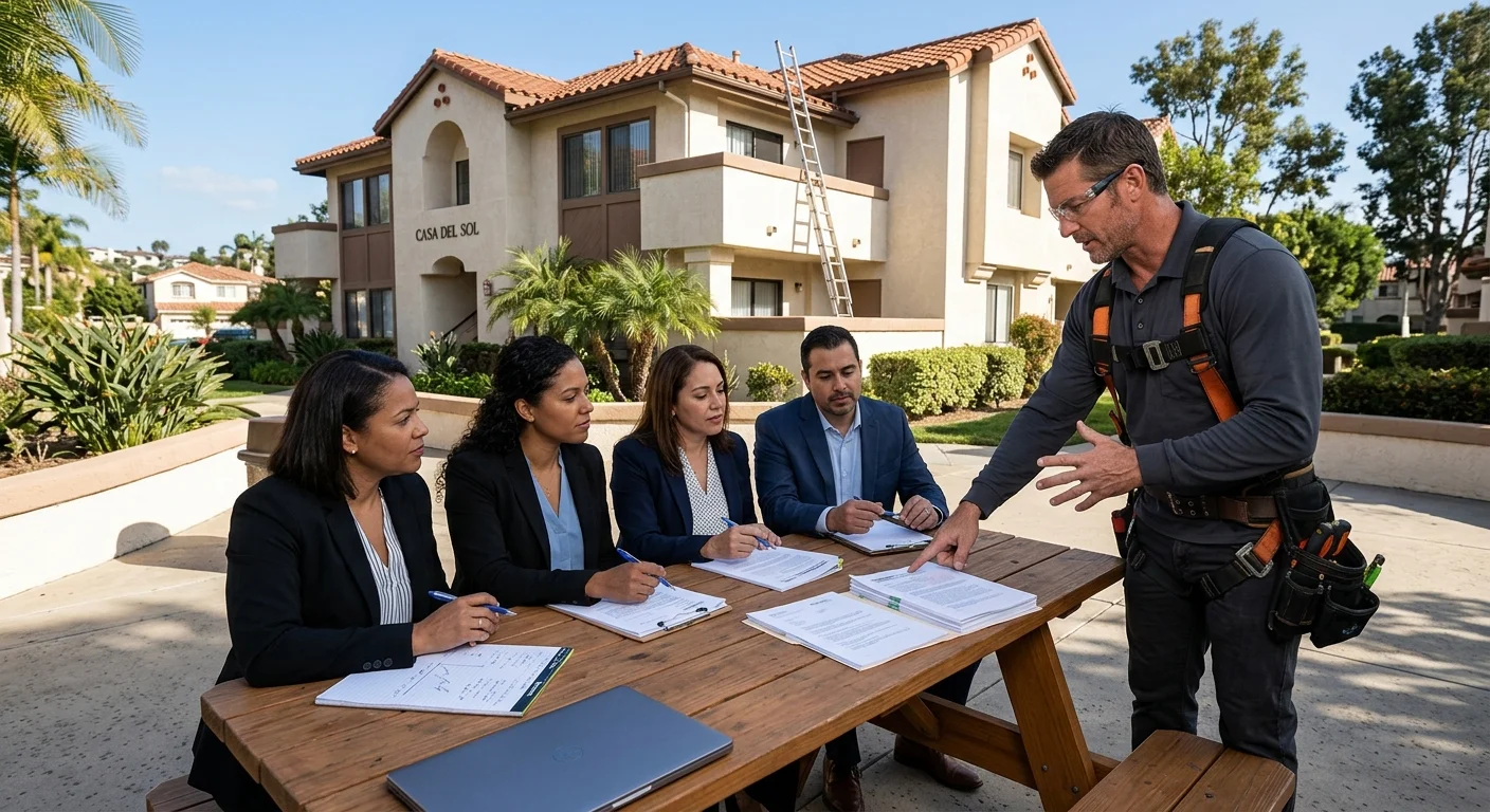 San Diego HOA board members comparing roof replacement proposals