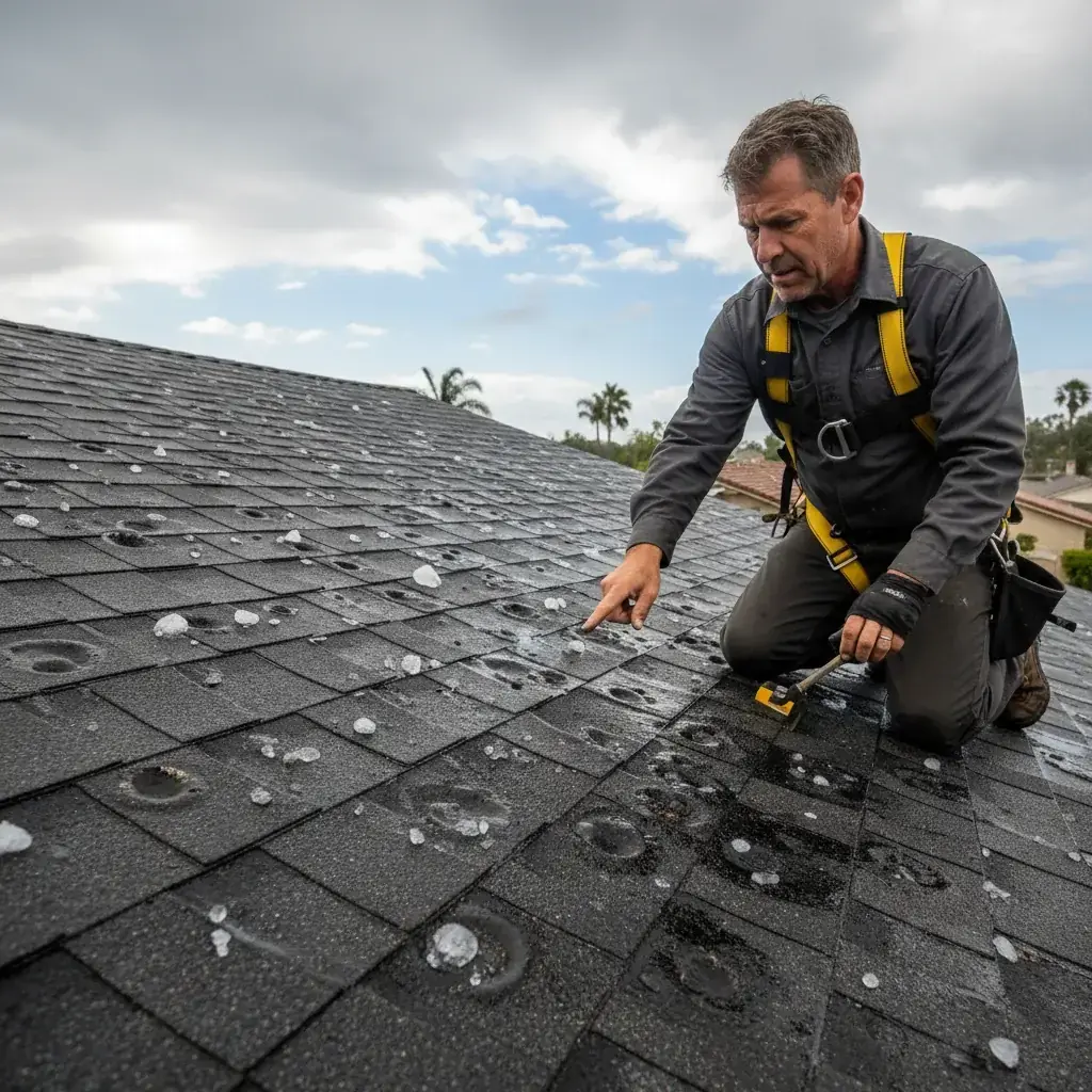 A roofer inspecting wind-lifted shingles along the ridge of a Ramona home after a Santa Ana wind event, illustrating the kind of damage Class H wind-rated shingles are designed to resist