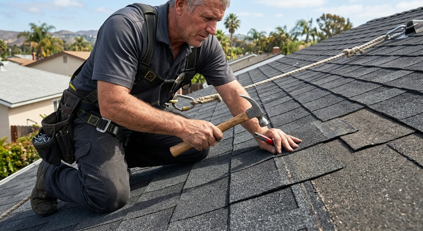 A close-up shot of a roofer's hands skillfully replacing a few damaged architectural shingles on a San Diego home's roof.