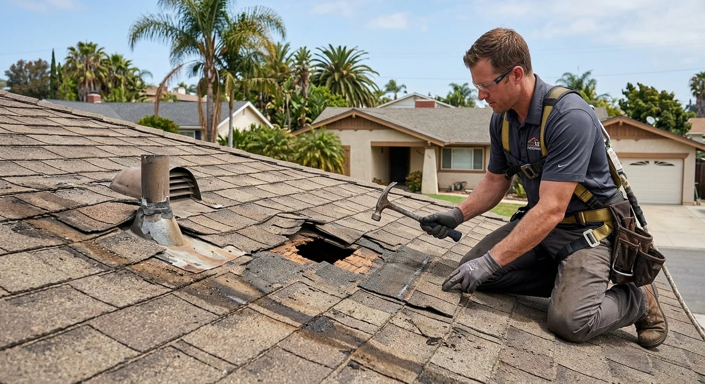 A clean, realistic photograph illustrating '7 signs you need a new roof in san diego' on a San Diego home, natural daylight, no text.