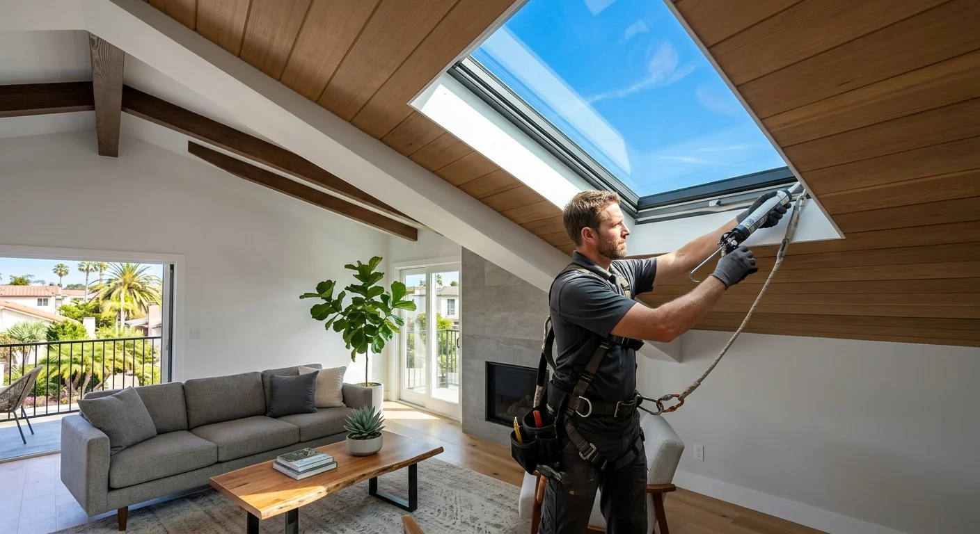 Bright, natural light streaming through a newly installed skylight into a modern living room in a San Diego home. The view through the skylight shows a clear blue sky.