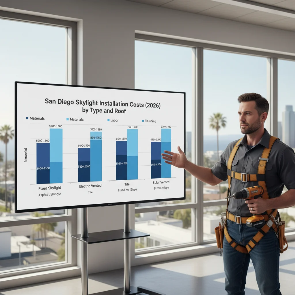Infographic breaking down San Diego skylight installation costs by type (fixed, manual vented, electric vented, solar vented) and roof type (shingle, tile, flat).
