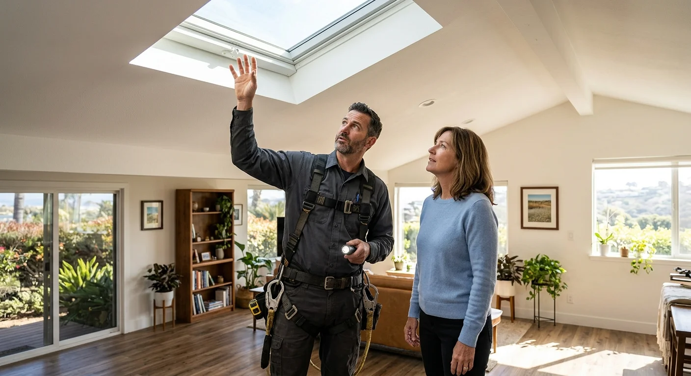 An Encinitas homeowner and roofer examining a skylight indoors
