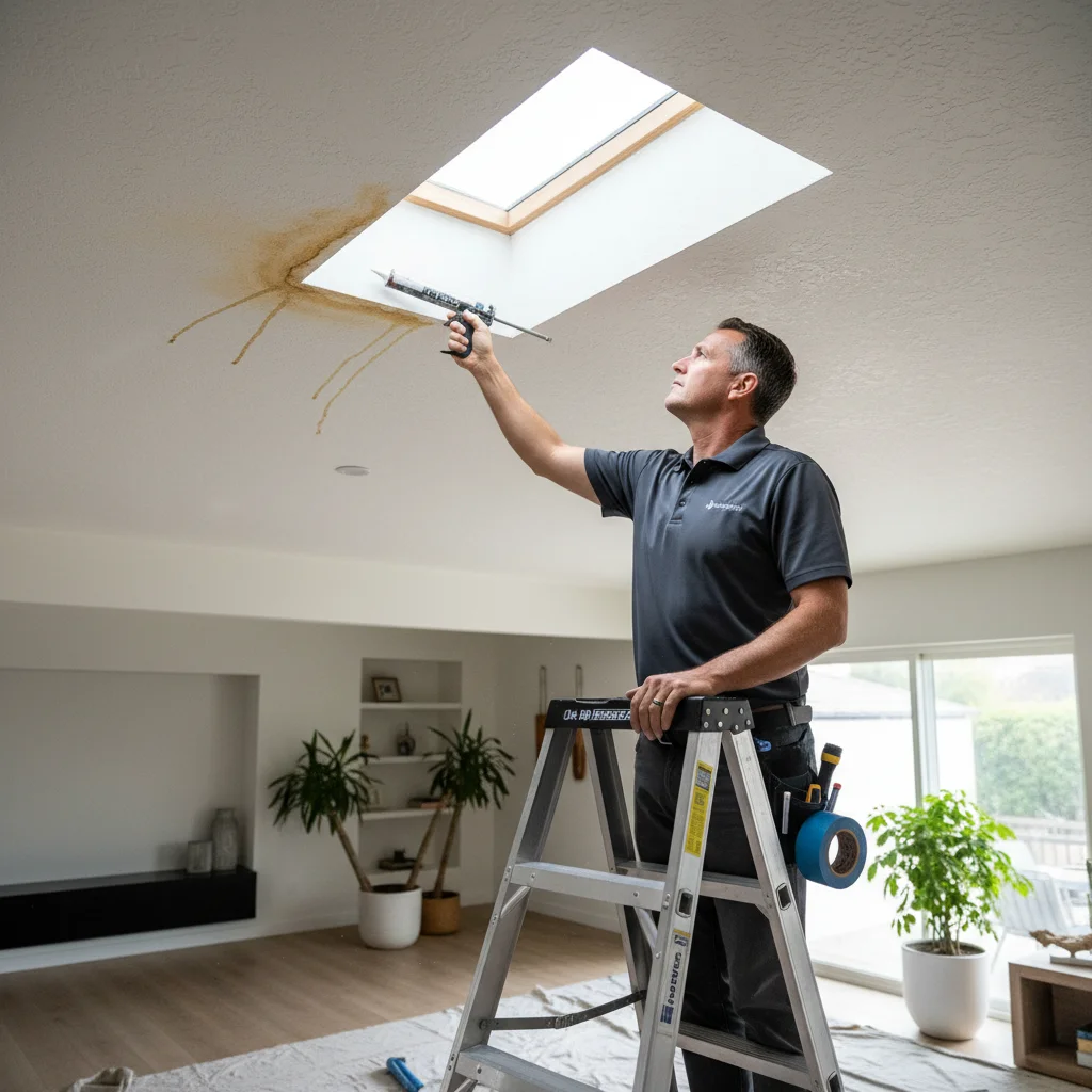 Interior view looking up at a skylight with a visible water stain ring on the surrounding ceiling drywall