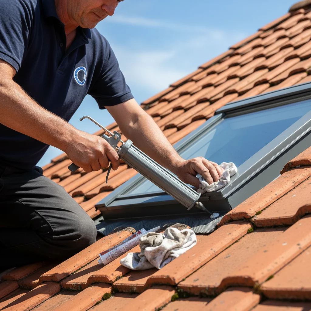 Roofer sealing the flashing around a skylight on a tile roof with a caulking gun and rags visible