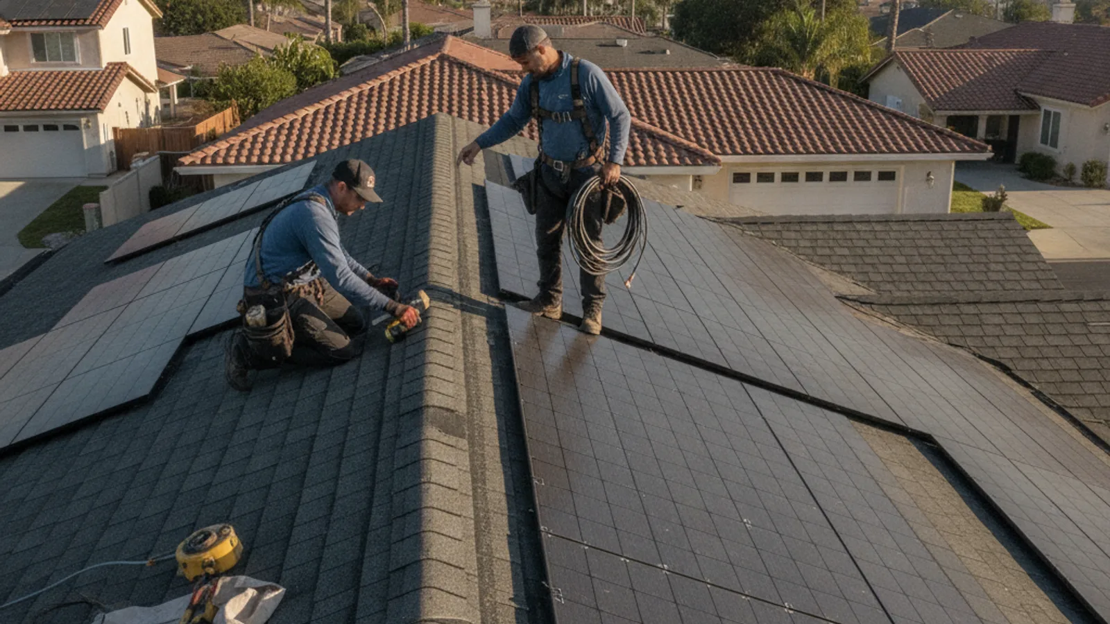 Roofers installing black solar shingles across the sloped roof of a San Diego home, with conventional tile roofs and a clear coastal sky in the background.