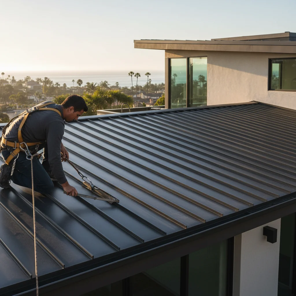 Modern San Diego home with a clean, charcoal-colored standing seam metal roof.