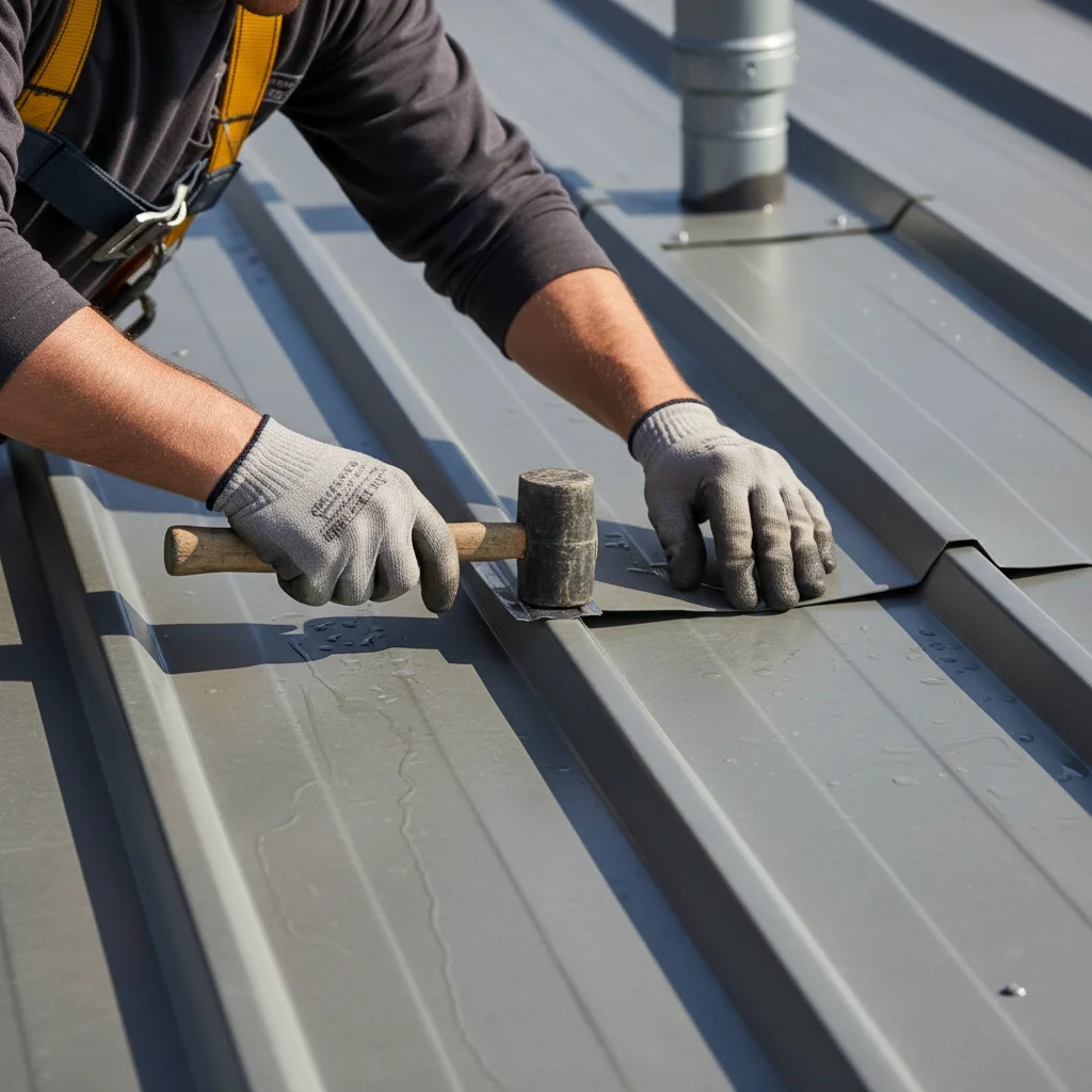 Roofer's hands clipping a new standing seam metal panel into place on a roof.