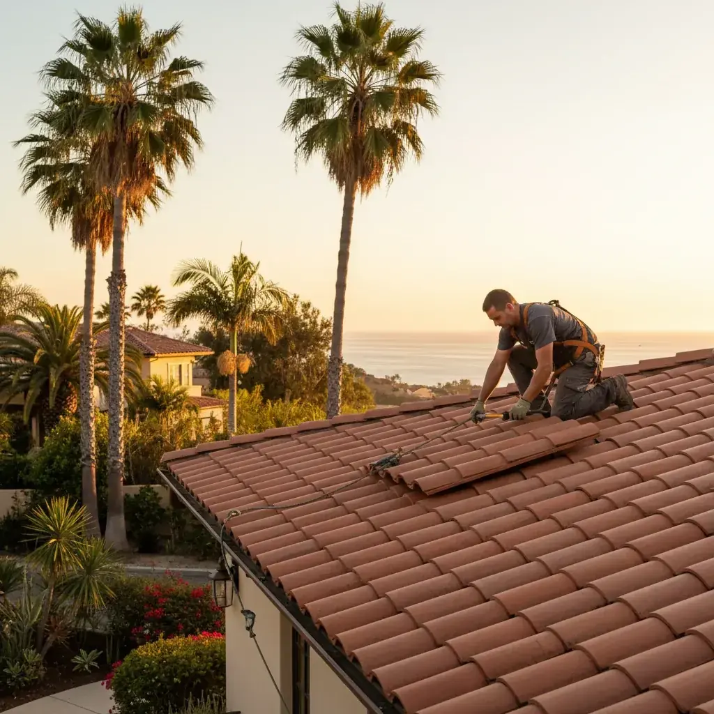 A San Diego home with a terracotta-colored stone-coated metal roof that mimics clay tile, with palm trees in the background during golden hour.