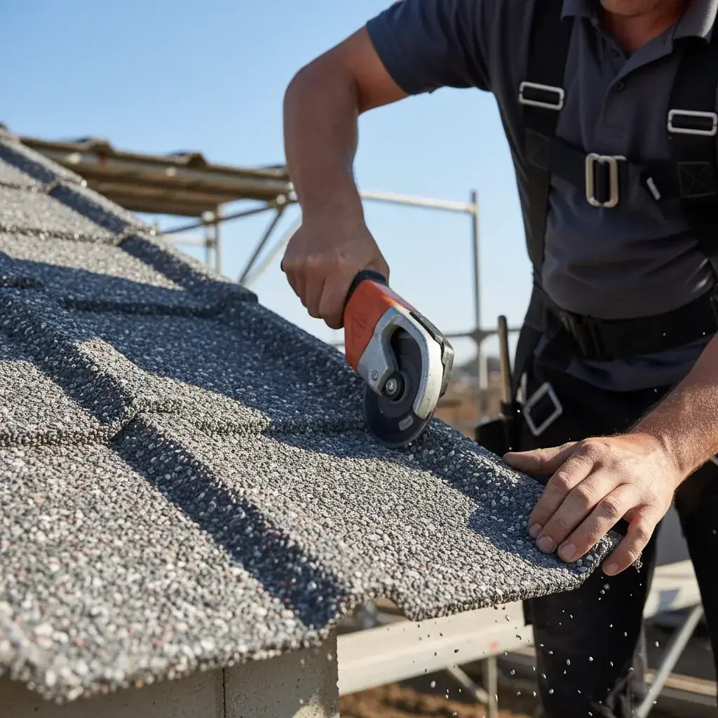 Close-up of a stone-coated steel roof panel, highlighting the granular texture and interlocking design.
