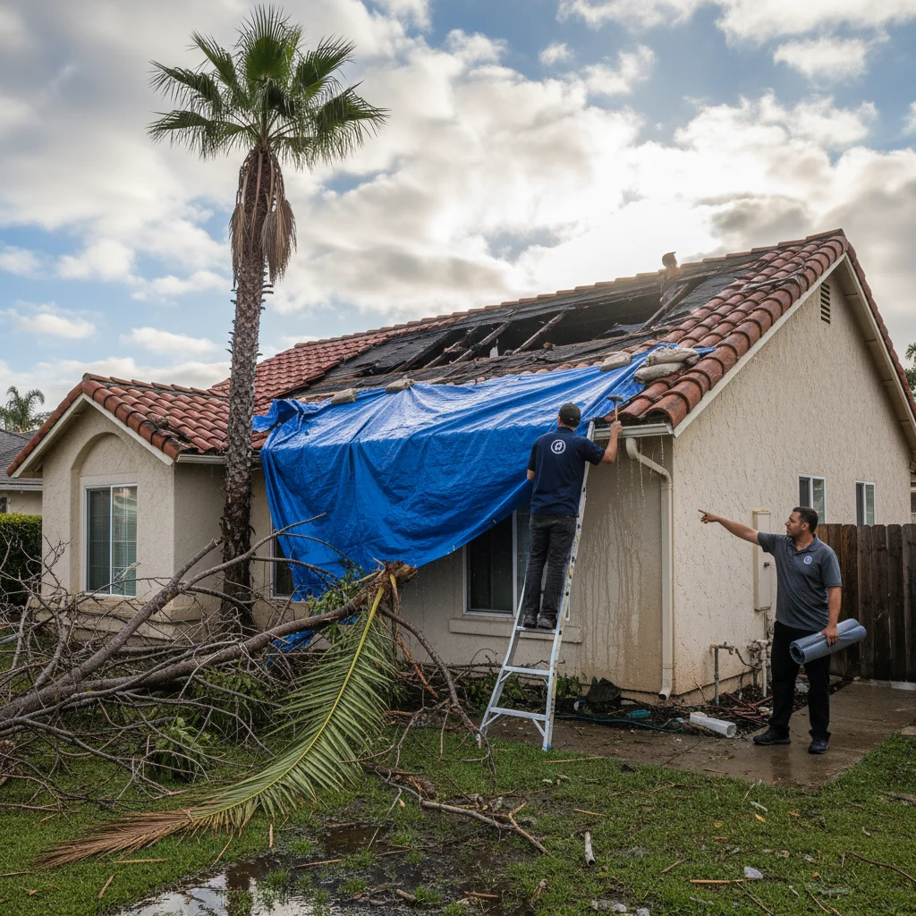 San Diego home after a storm with visible roof damage, scattered branches, and a blue tarp partially deployed under clearing skies