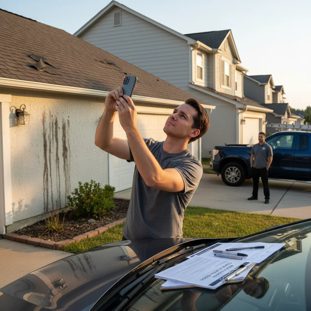 Homeowner photographing roof damage with a smartphone from the driveway, clipboard and insurance paperwork on the hood of a car