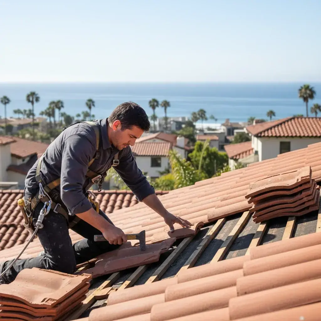 A San Diego tile roofing crew stacking concrete S-tile on the roof of a single-story Spanish Revival home during a lift-and-relay replacement, with underlayment partially exposed