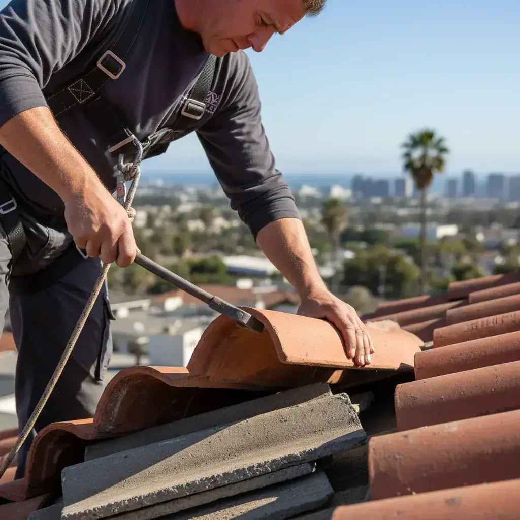 A roofer resetting concrete tile on a custom home roof after new underlayment is installed