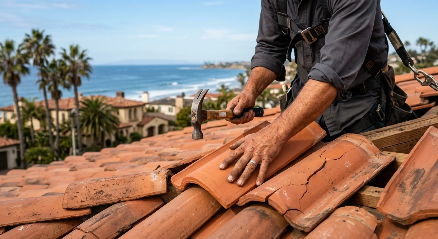A roofer's hands carefully replacing a cracked Spanish-style clay roof tile on a sunny Carlsbad, CA home with the ocean in the background.