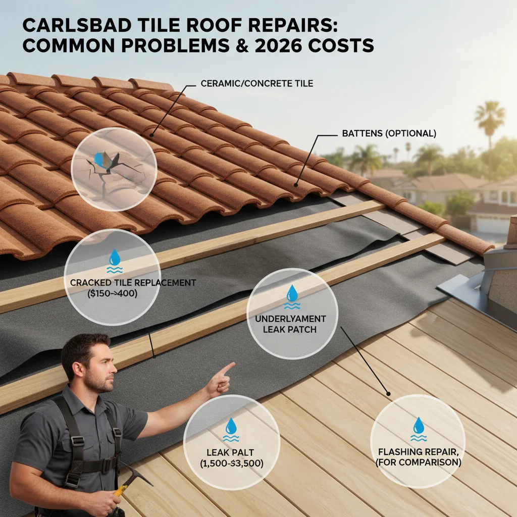 Infographic illustrating a cross-section of a tile roof, highlighting the tile, underlayment, and decking, with common leak points and repair cost ranges.