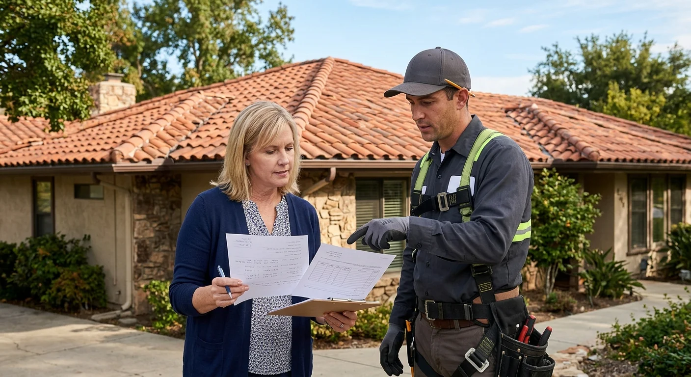 Homeowner and independent roofer comparing tile repair proposals