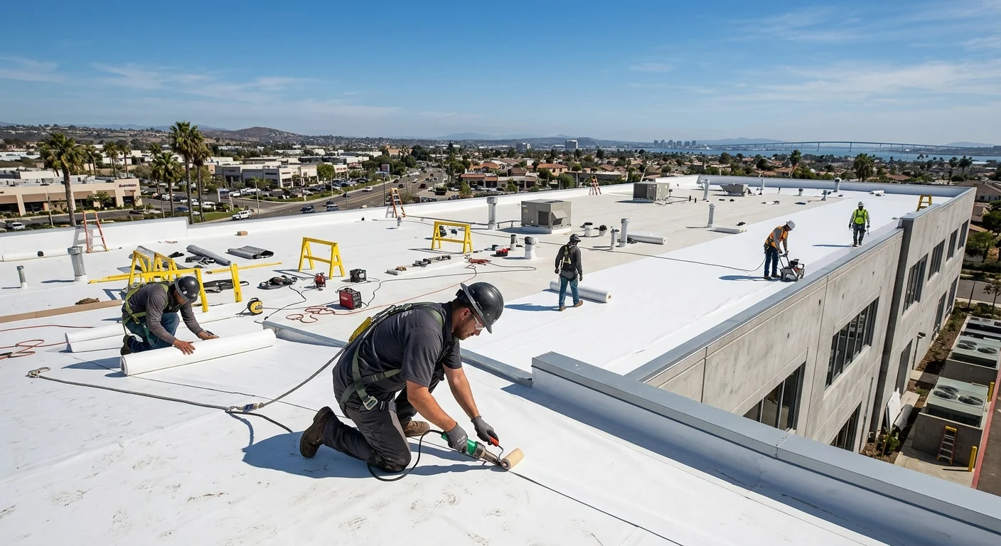 A wide shot of a large, white TPO roof being installed on a commercial building in Chula Vista, with a team of professional roofers at work.