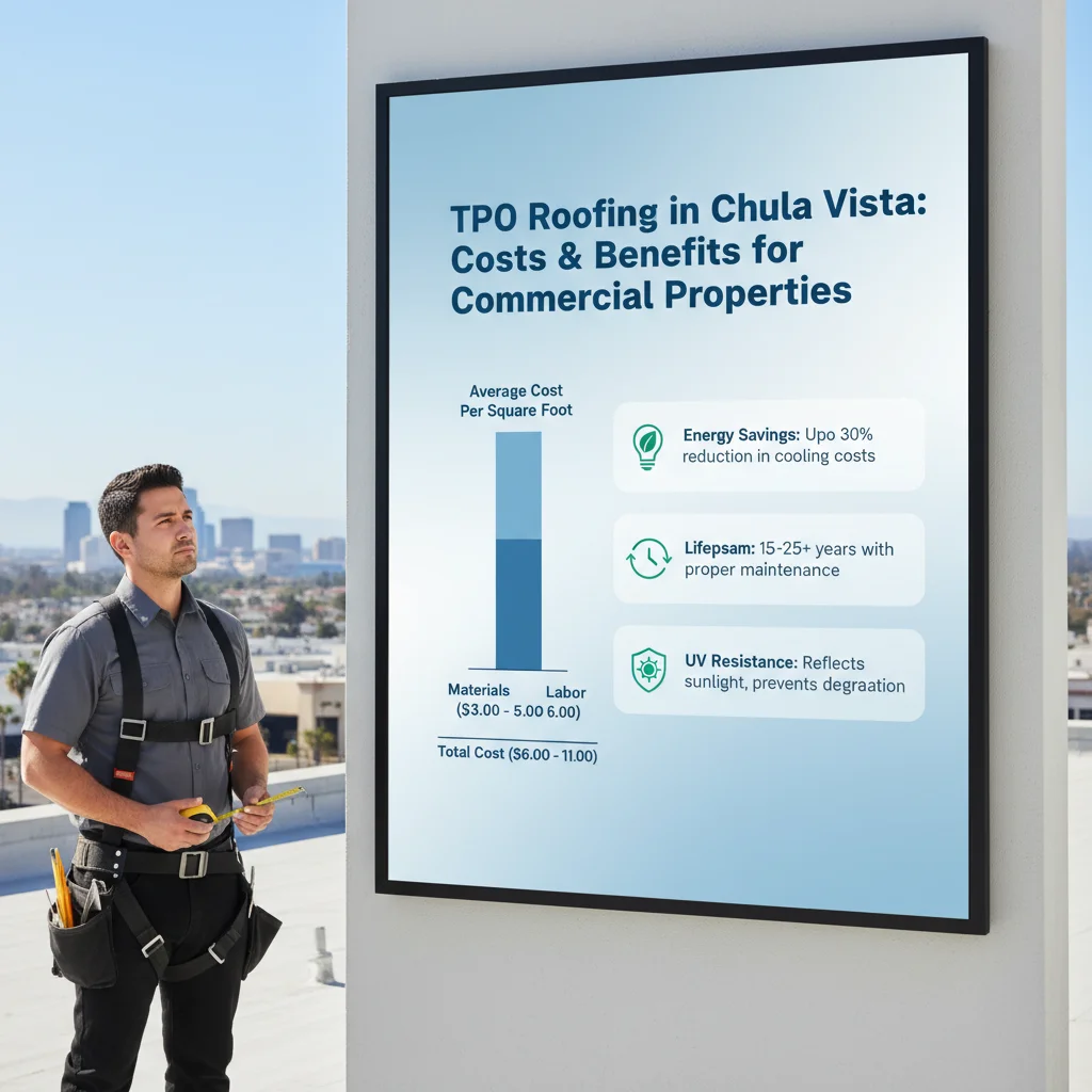 An infographic illustrating the average cost per square foot for TPO roofing in Chula Vista, detailing material, labor, and total costs, alongside estimated lifespan and energy savings.