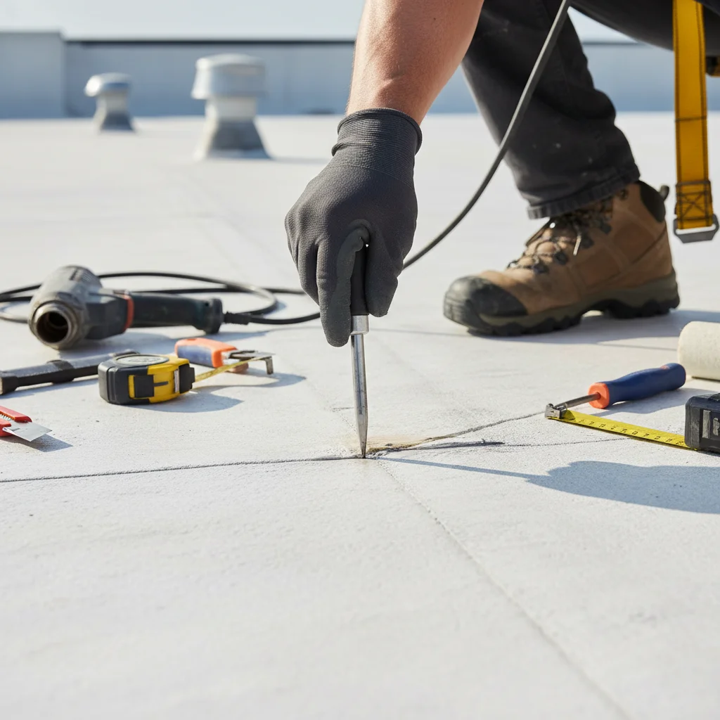 A close-up view of a roofer using a seam probe to test a heat-welded TPO roofing joint.