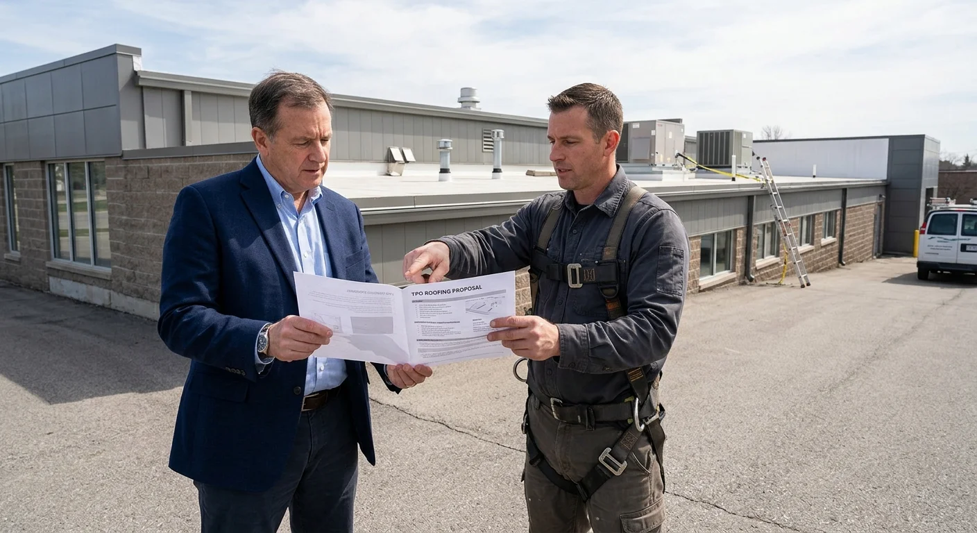 Property owner and roofer reviewing a proposal beside a low-slope building