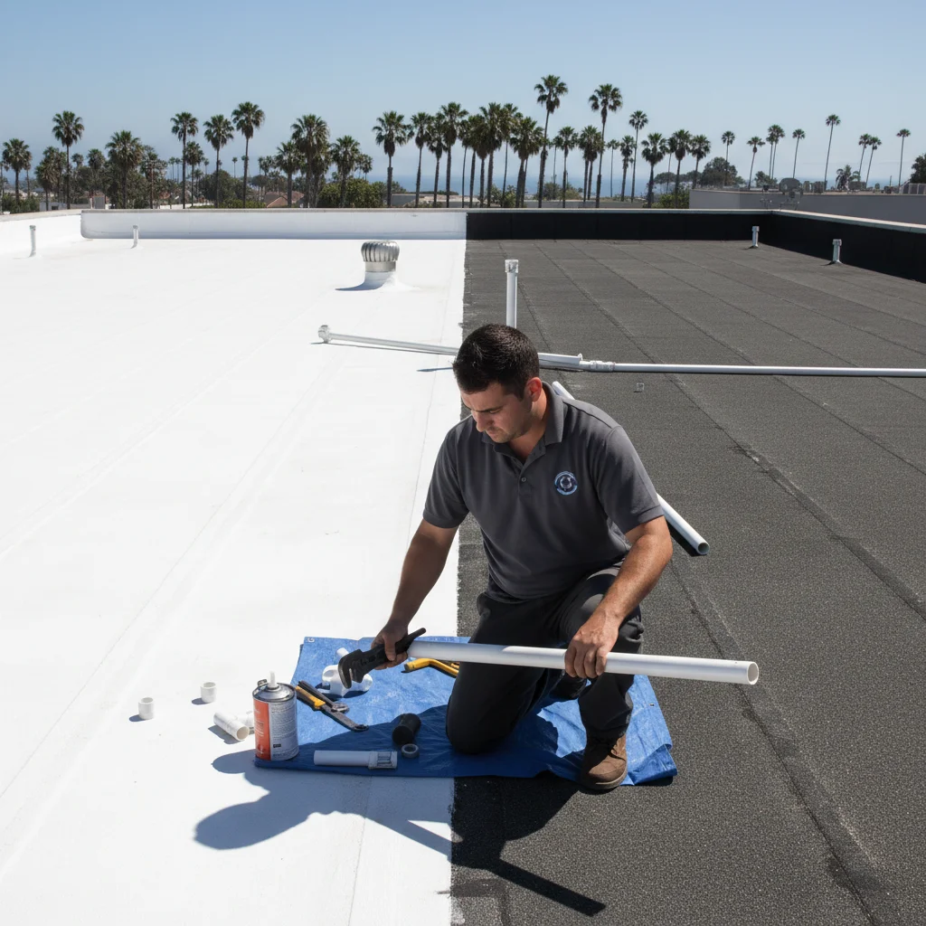 A flat commercial roof in San Diego with white TPO membrane on one half and dark modified bitumen on the other, palm trees in the distance