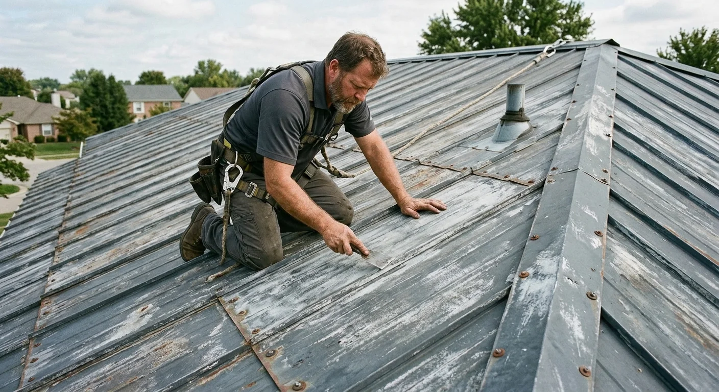 Independent roofer inspecting faded metal roof panels and fasteners