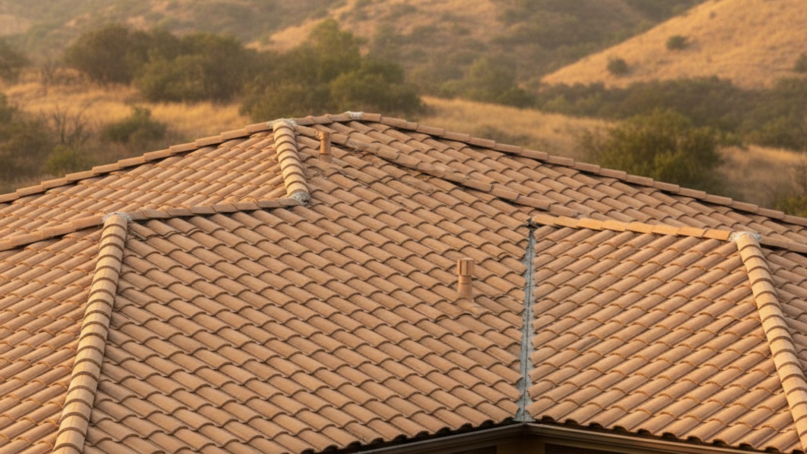 Clay tile roof on a San Diego home in a hillside WUI zone with ember-resistant ridge vents installed and surrounding drought-tolerant landscaping visible