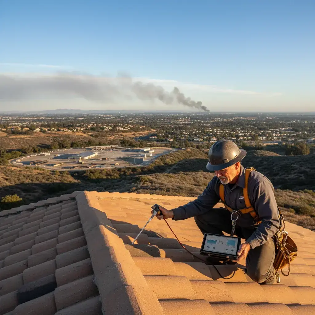 A San Diego home in a WUI fire zone with a Class A concrete tile roof and fire-resistant materials, showing the visible defensive design elements that meet Chapter 7A code