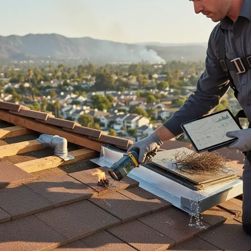 Wind-driven embers landing on a residential roof during a Santa Ana wind event in San Diego County