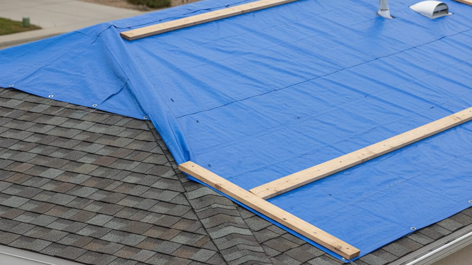 A blue heavy-duty poly tarp stretched over a section of asphalt shingle roof and fastened with furring strips to temporarily cover a leak