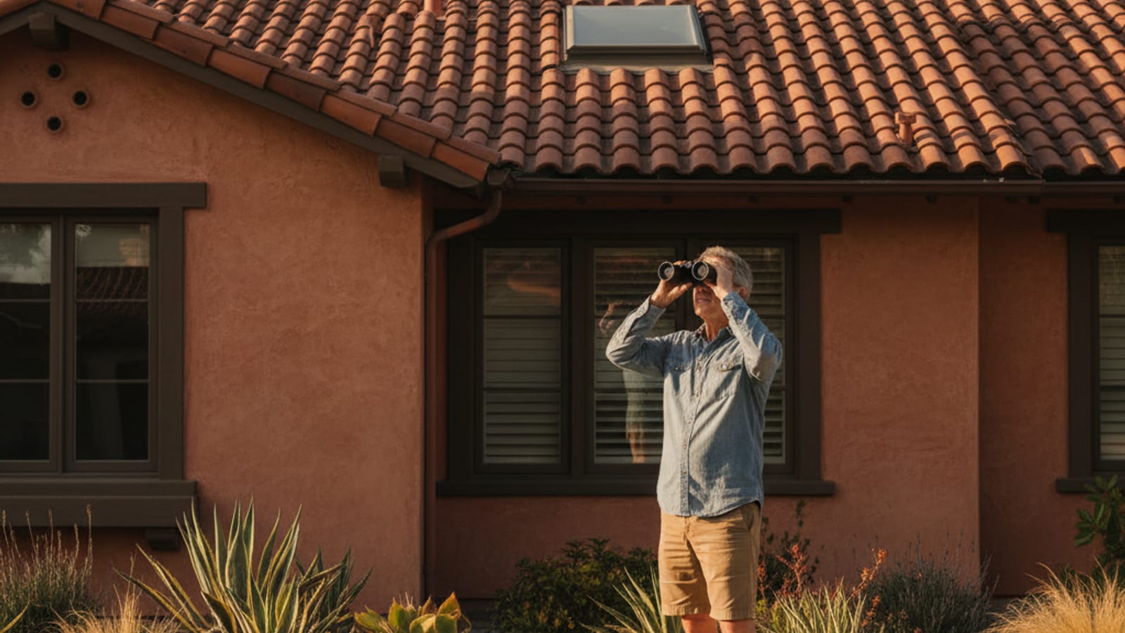 Homeowner standing on the sidewalk in front of a San Diego home with binoculars, scanning the roofline for damage