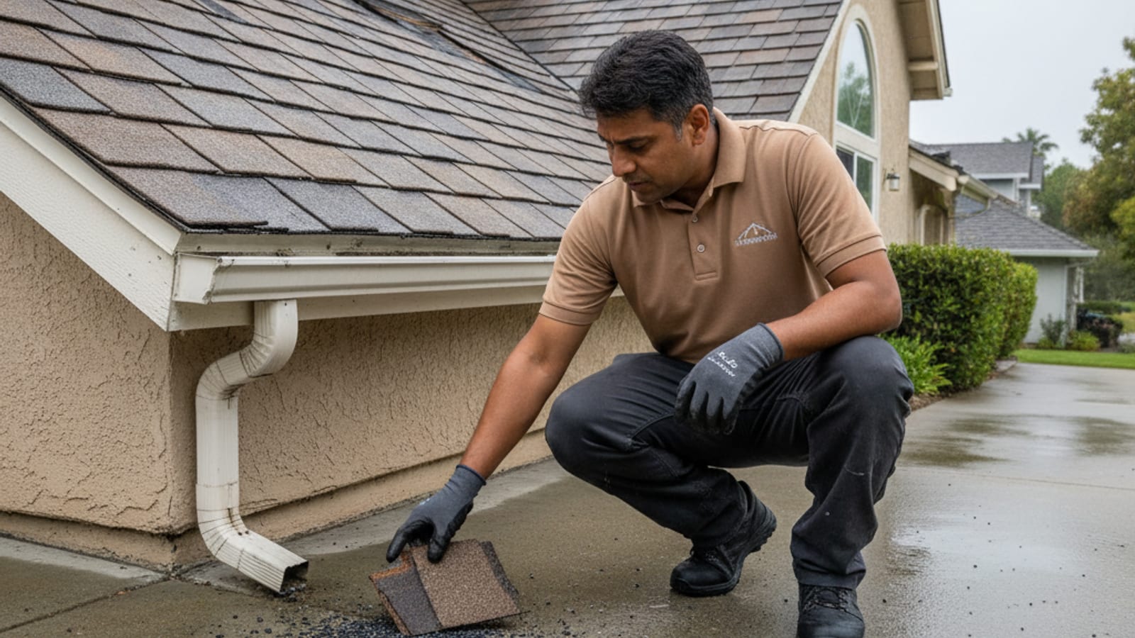 Homeowner inspecting the driveway and landscape beds after a storm, collecting shingle granules and checking for displaced roof debris